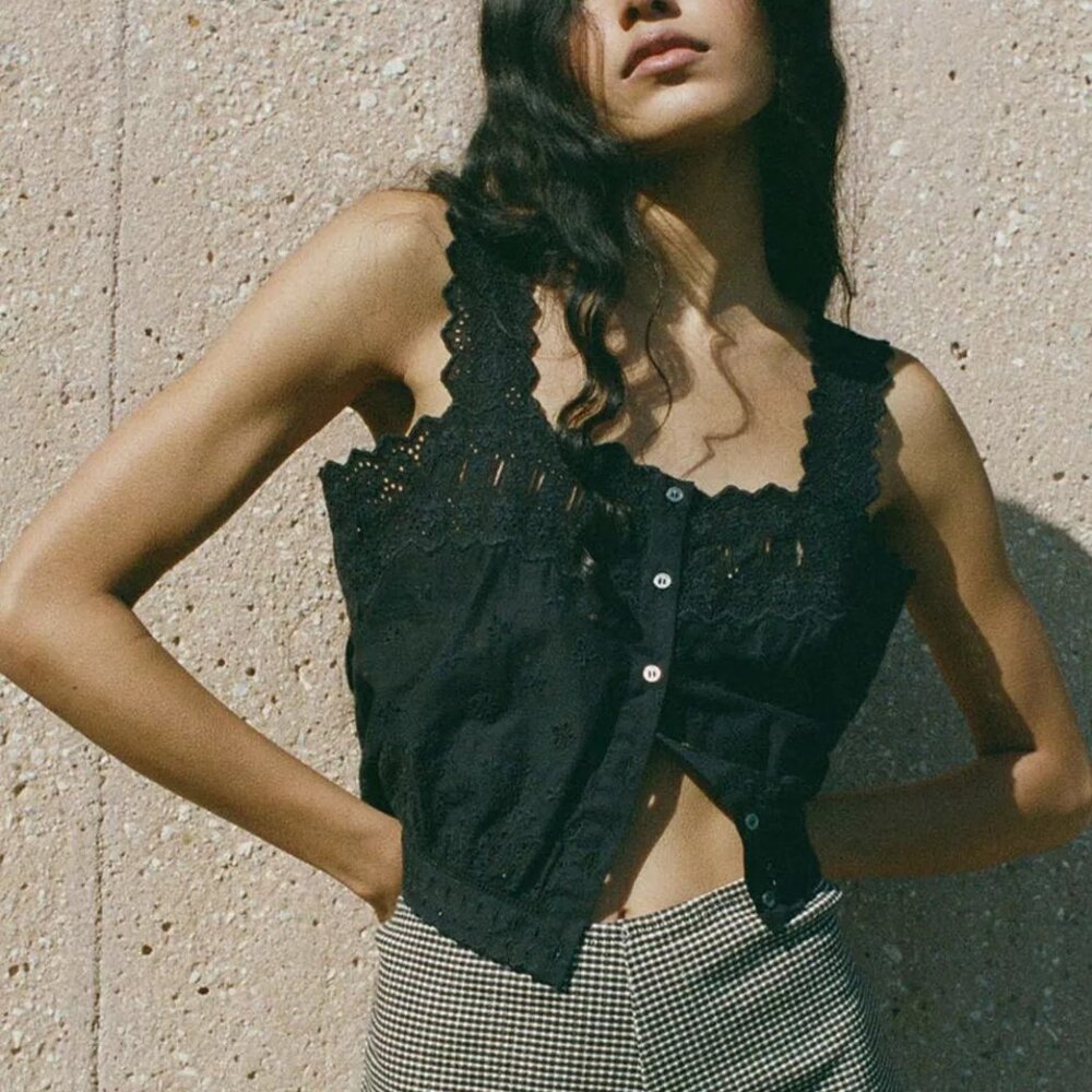 DÔEN estelle top xxs black lace cami eyelet NWT Doen